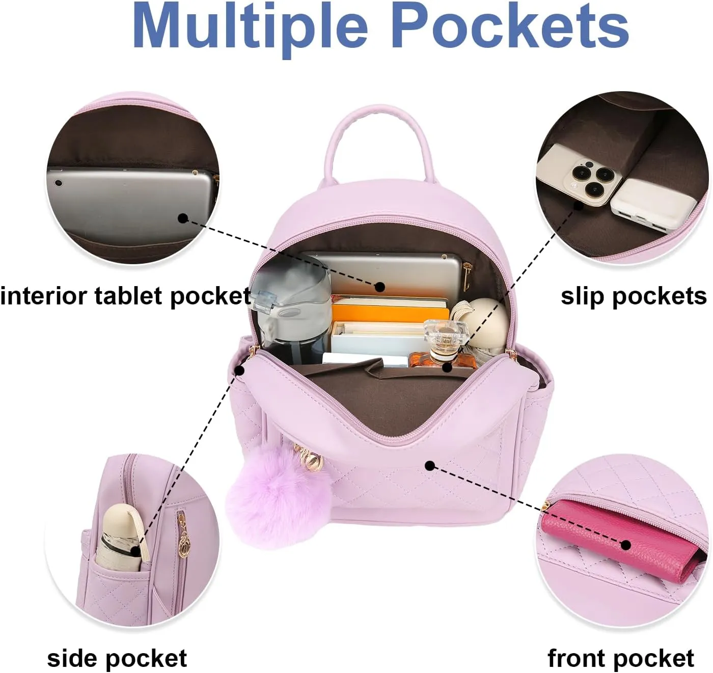 Girls Fashion Mini Backpack Purse Small Cute Plaid Leather Women Backpacks Little Bag (Purple)