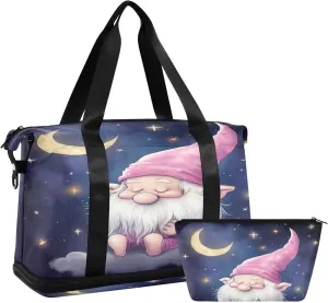 Gnome Pink Sports Gym Bag with Waterproof Dry Wet Pocket, Travel Duffel Bag for Women MenWorkout Bag Fits Yoga, Swimming