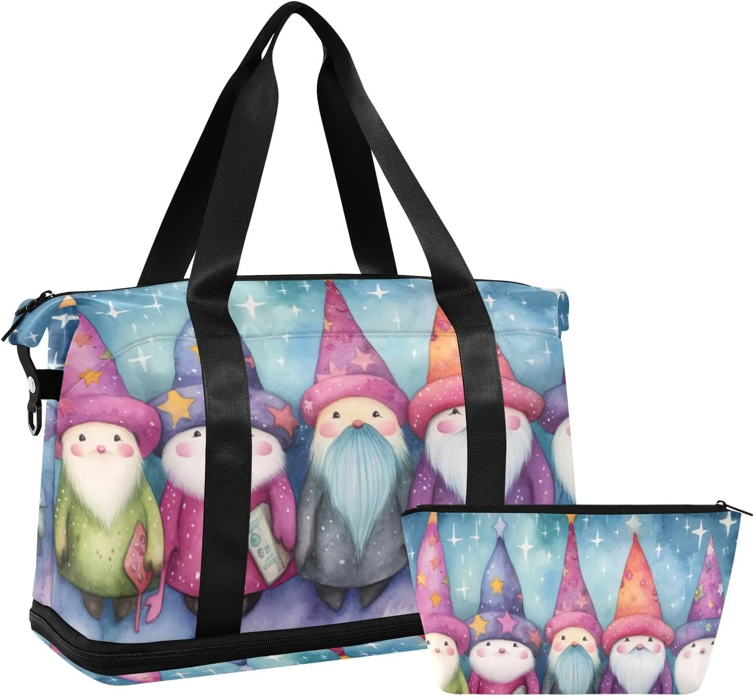 Gnomes Wearing Hat Sports Gym Bag with Waterproof Dry Wet Pocket, Travel Duffel Bag for Women MenWorkout Bag Fits Yoga, Swimming