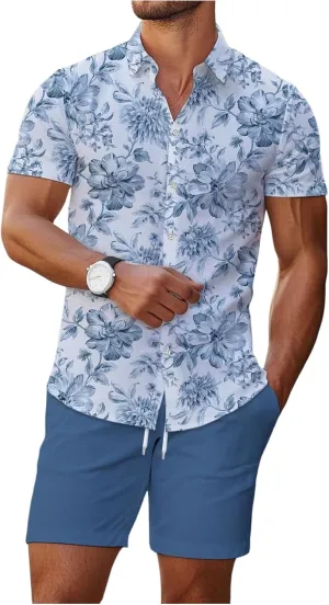 GORGLITTER Men's Hawaiian Matching Set Summer Beach 2 Piece Outfits Flower Button Down Shirts and Shorts Set