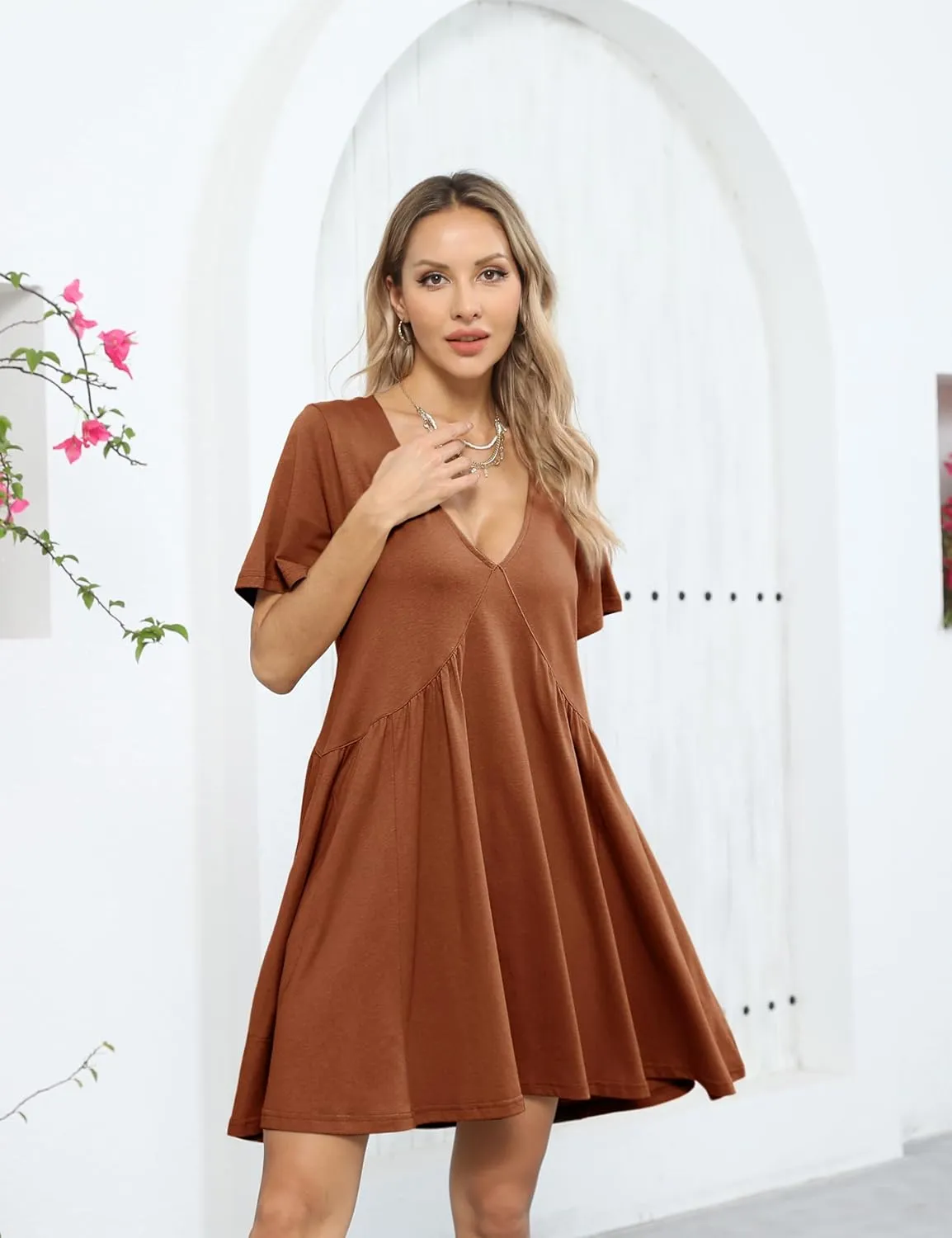 Gozoloma Women Summer Short Sleeve Mini Dress Casual Loose V Neck Flowy Sundress Vacation Tshirt Sun Dress with Pockets
