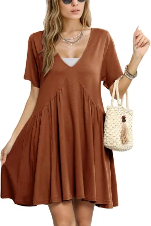 Gozoloma Women Summer Short Sleeve Mini Dress Casual Loose V Neck Flowy Sundress Vacation Tshirt Sun Dress with Pockets