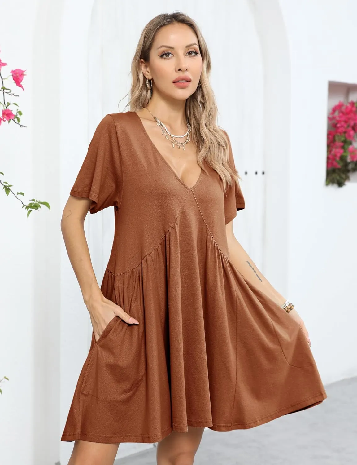 Gozoloma Women Summer Short Sleeve Mini Dress Casual Loose V Neck Flowy Sundress Vacation Tshirt Sun Dress with Pockets
