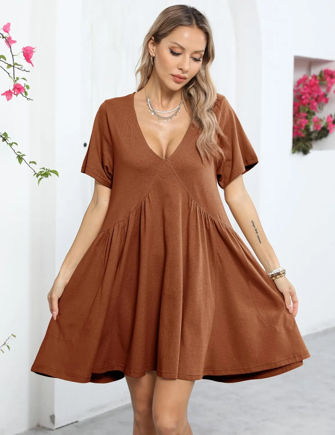 Gozoloma Women Summer Short Sleeve Mini Dress Casual Loose V Neck Flowy Sundress Vacation Tshirt Sun Dress with Pockets