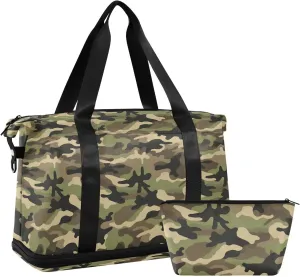 Green Camouflage Sports Gym Bag with Waterproof Dry Wet Pocket, Travel Duffel Bag for Women MenWorkout Bag Fits Yoga, Swimming