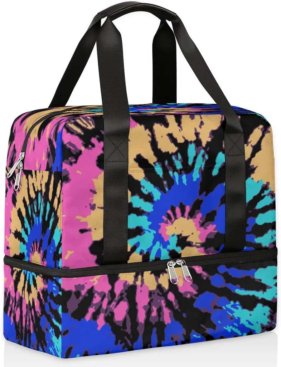 Hippie Rainbow Psychedelic Tie Dye Swirl Travel Duffel Bag Sports Tote Gym Bag, Double layer Large Waterproof Overnight Shoulder Weekender Bag for Women Men