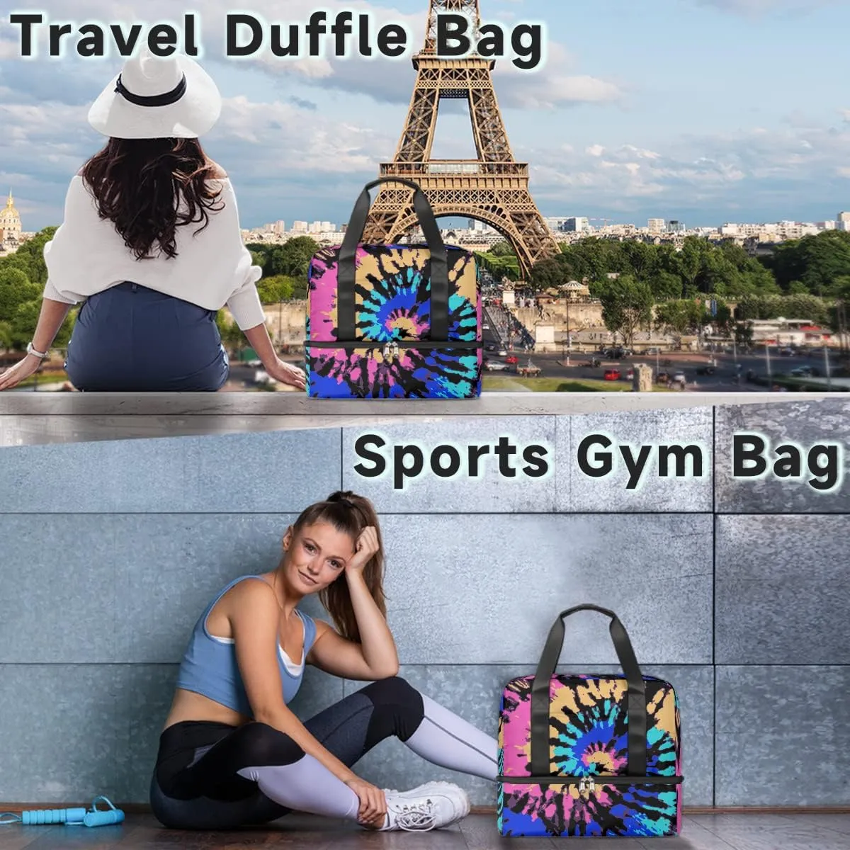 Hippie Rainbow Psychedelic Tie Dye Swirl Travel Duffel Bag Sports Tote Gym Bag, Double layer Large Waterproof Overnight Shoulder Weekender Bag for Women Men