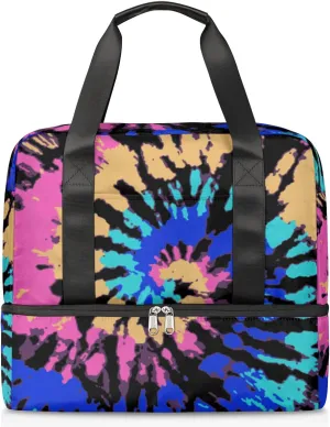 Hippie Rainbow Psychedelic Tie Dye Swirl Travel Duffel Bag Sports Tote Gym Bag, Double layer Large Waterproof Overnight Shoulder Weekender Bag for Women Men