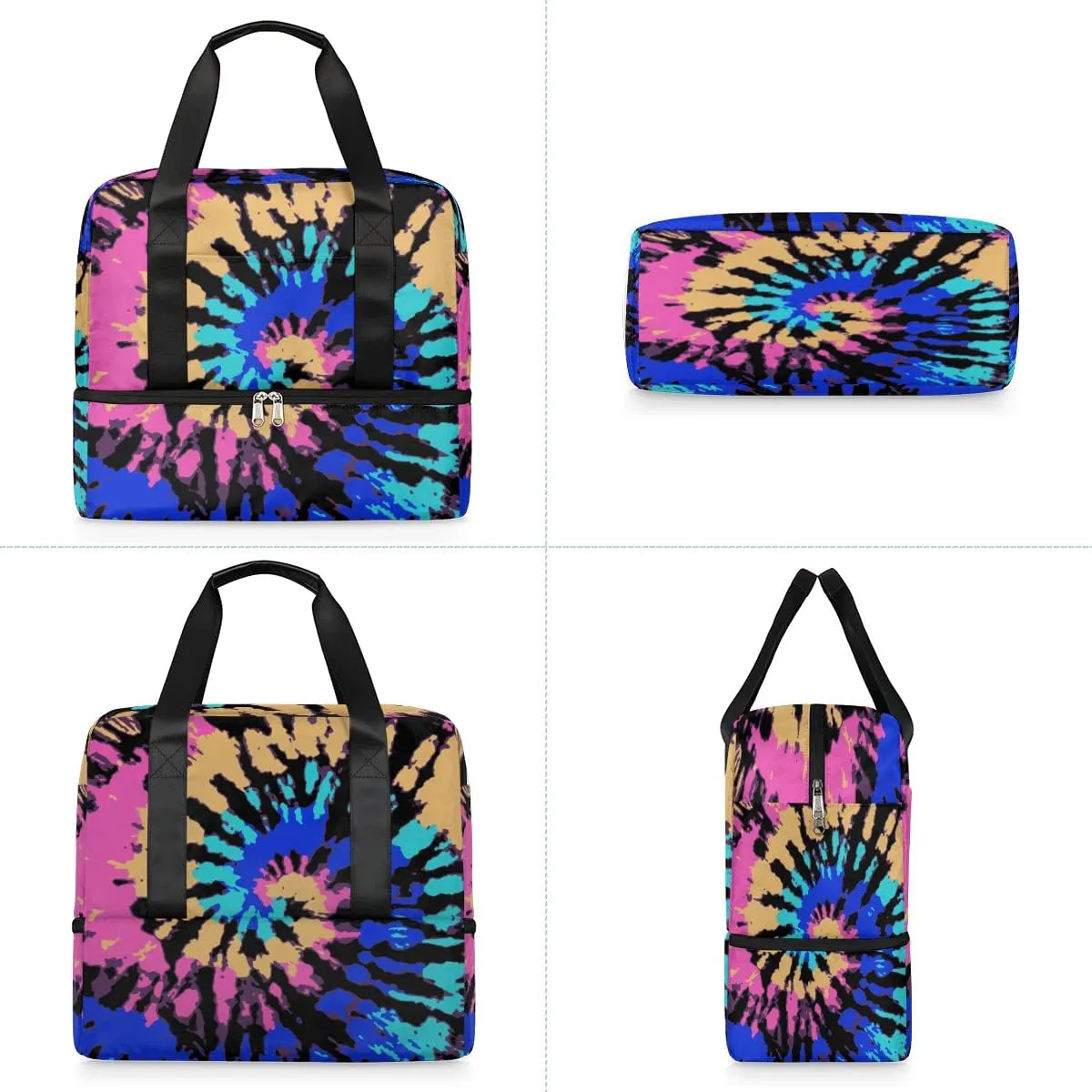 Hippie Rainbow Psychedelic Tie Dye Swirl Travel Duffel Bag Sports Tote Gym Bag, Double layer Large Waterproof Overnight Shoulder Weekender Bag for Women Men
