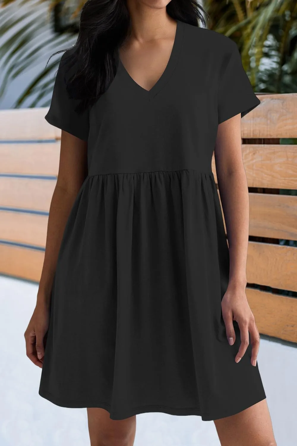 Hocuos Women's Short Sleeve Casual V Neck Mini Dress A Line Loose Pleated Flowy Shift Dresses 2025