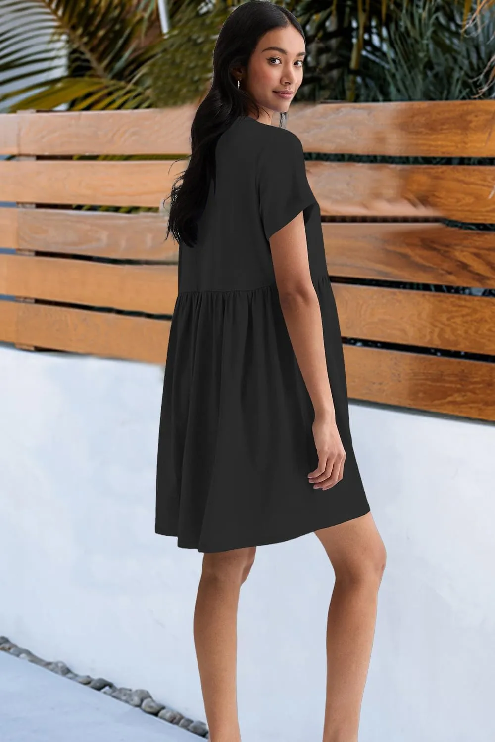Hocuos Women's Short Sleeve Casual V Neck Mini Dress A Line Loose Pleated Flowy Shift Dresses 2025