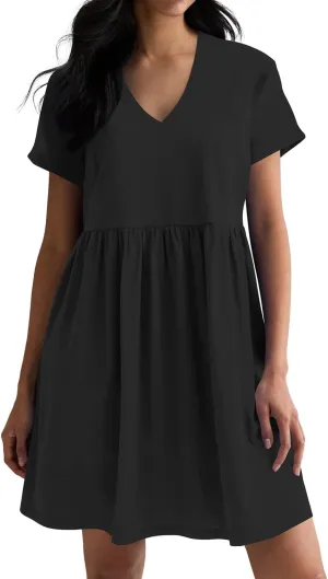Hocuos Women's Short Sleeve Casual V Neck Mini Dress A Line Loose Pleated Flowy Shift Dresses 2025