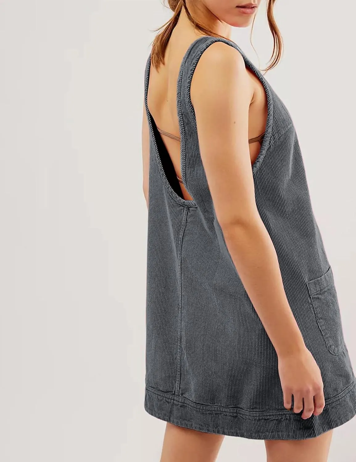 Hooever Women's Corduroy Overall Dress Round Neck A Line Skirtall Jumper Mini Dress Pinafore with Pockets