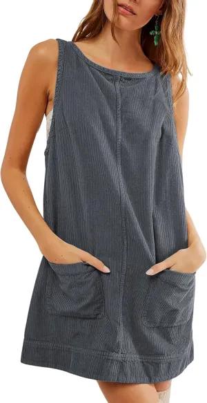 Hooever Women's Corduroy Overall Dress Round Neck A Line Skirtall Jumper Mini Dress Pinafore with Pockets