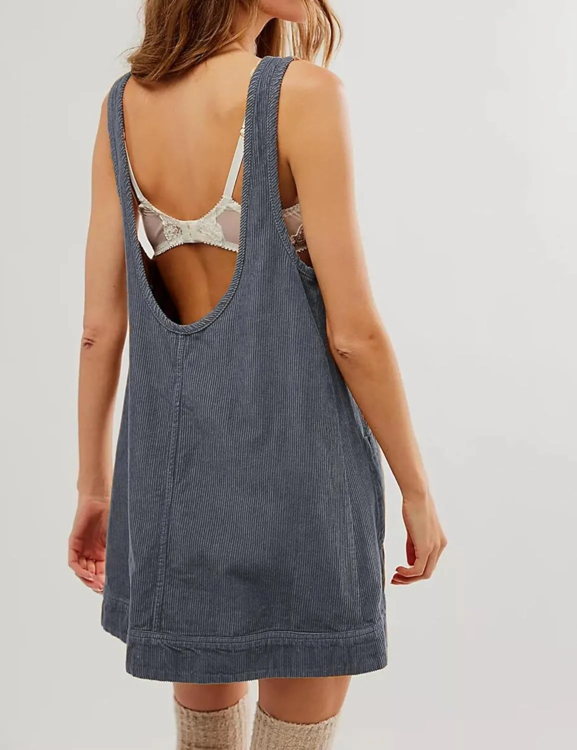 Hooever Women's Corduroy Overall Dress Round Neck A Line Skirtall Jumper Mini Dress Pinafore with Pockets