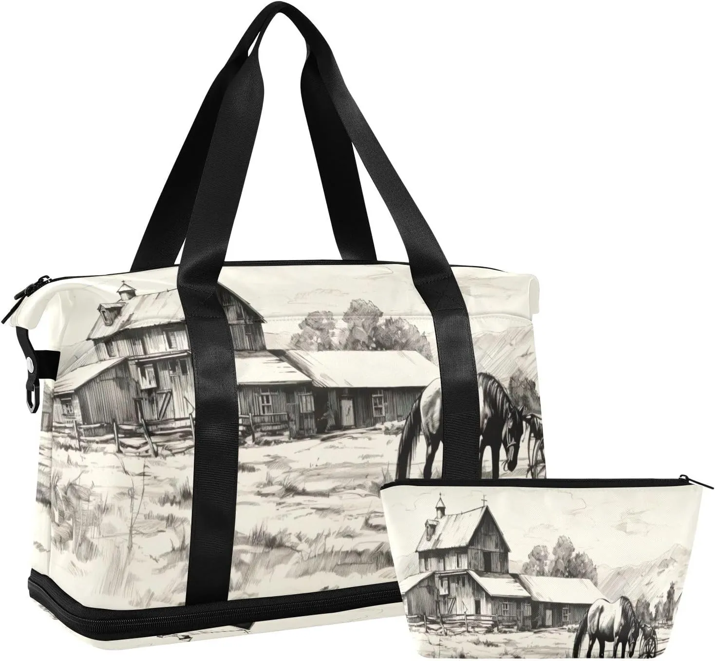 Horse and Barn Sports Gym Bag with Waterproof Dry Wet Pocket, Travel Duffel Bag for Women MenWorkout Bag Fits Yoga, Swimming