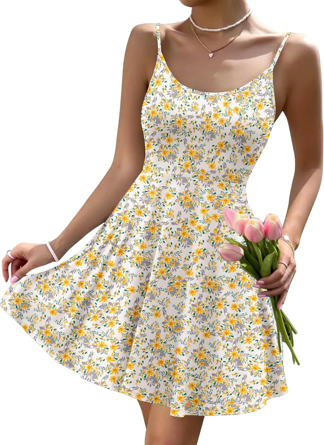 HOTOUCH Women's Summer Dress Adjustable Spaghetti Strap Floral Mini Casual Dress with Pockets Fit & Flare Beach Sundress