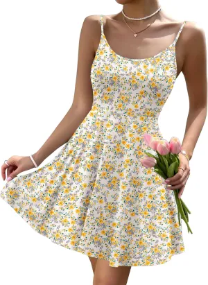 HOTOUCH Women's Summer Dress Adjustable Spaghetti Strap Floral Mini Casual Dress with Pockets Fit & Flare Beach Sundress