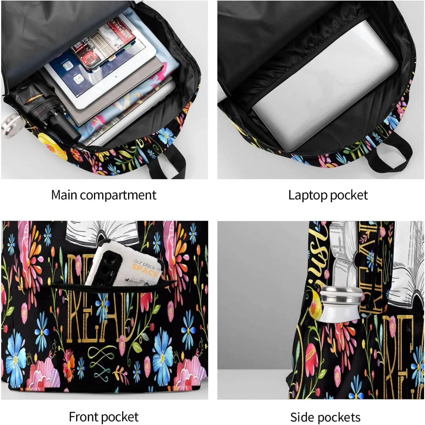 I Just Want To Read Black Floral Laptop Backpack Shoulder Bag Laptop Pack Travel Backpacks Commuter Back Pack Casual Daypack Bags With Side Pockets
