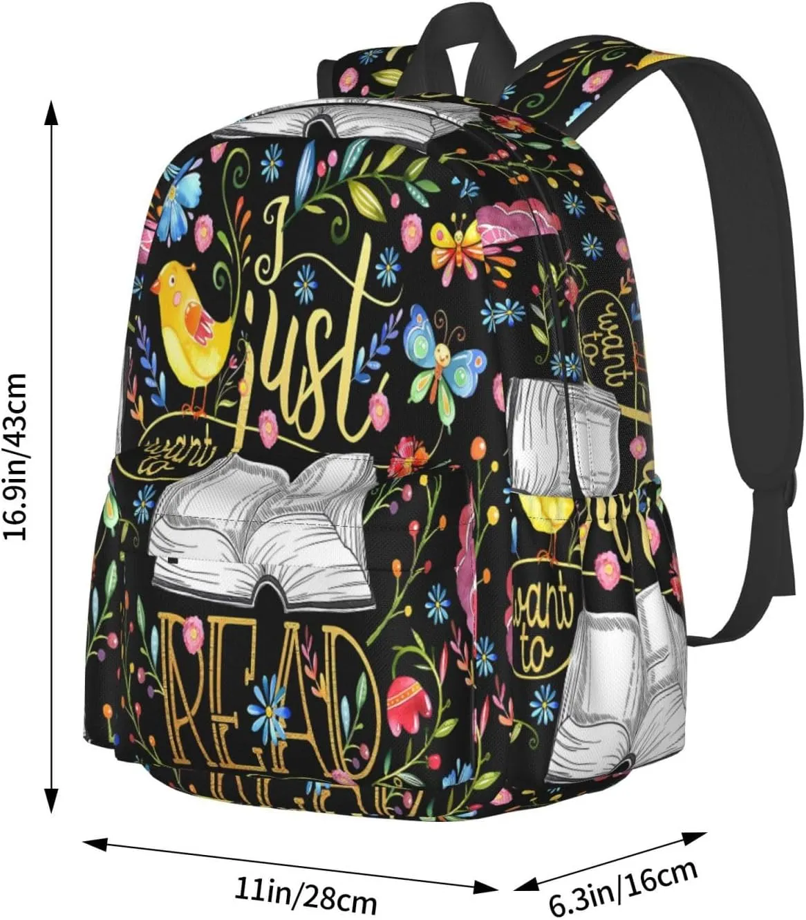 I Just Want To Read Black Floral Laptop Backpack Shoulder Bag Laptop Pack Travel Backpacks Commuter Back Pack Casual Daypack Bags With Side Pockets