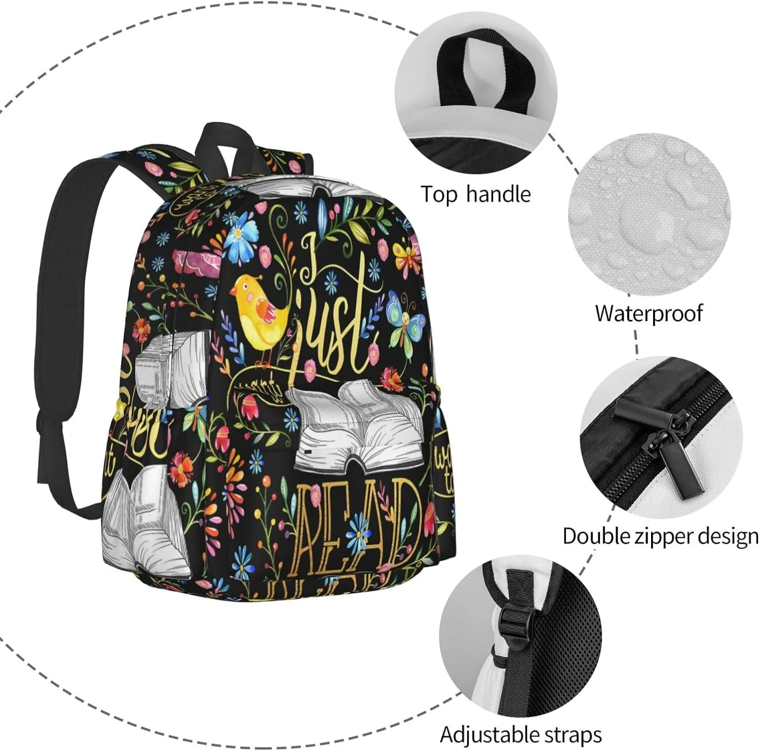 I Just Want To Read Black Floral Laptop Backpack Shoulder Bag Laptop Pack Travel Backpacks Commuter Back Pack Casual Daypack Bags With Side Pockets