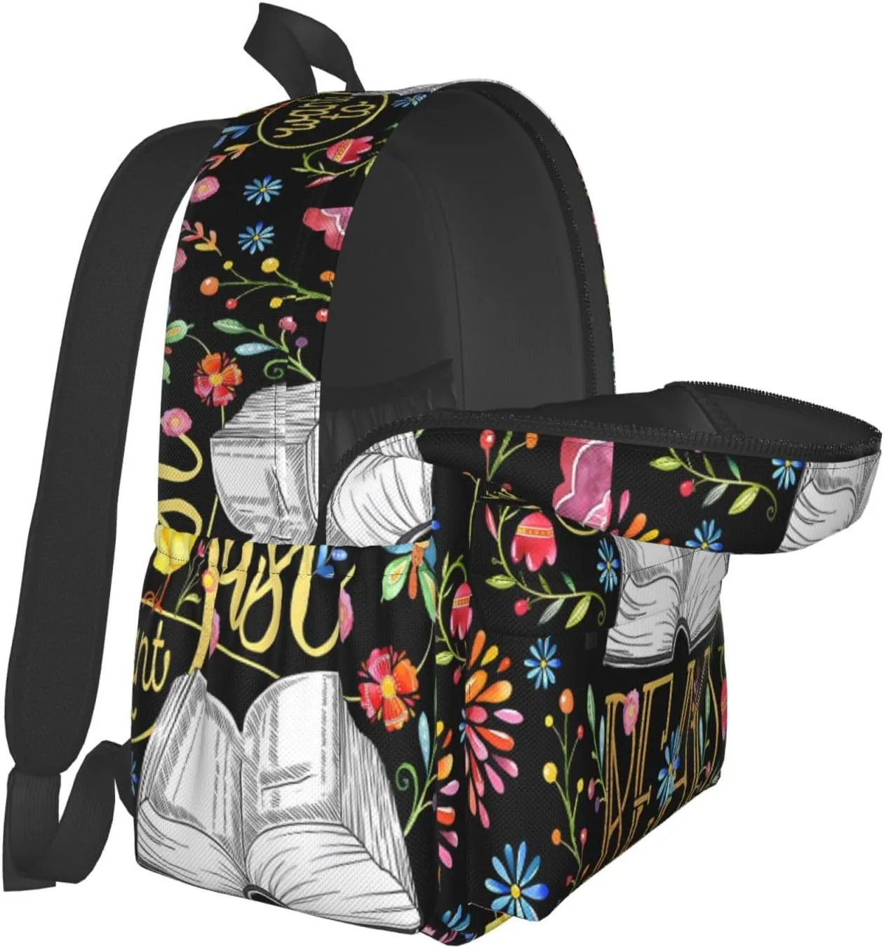 I Just Want To Read Black Floral Laptop Backpack Shoulder Bag Laptop Pack Travel Backpacks Commuter Back Pack Casual Daypack Bags With Side Pockets