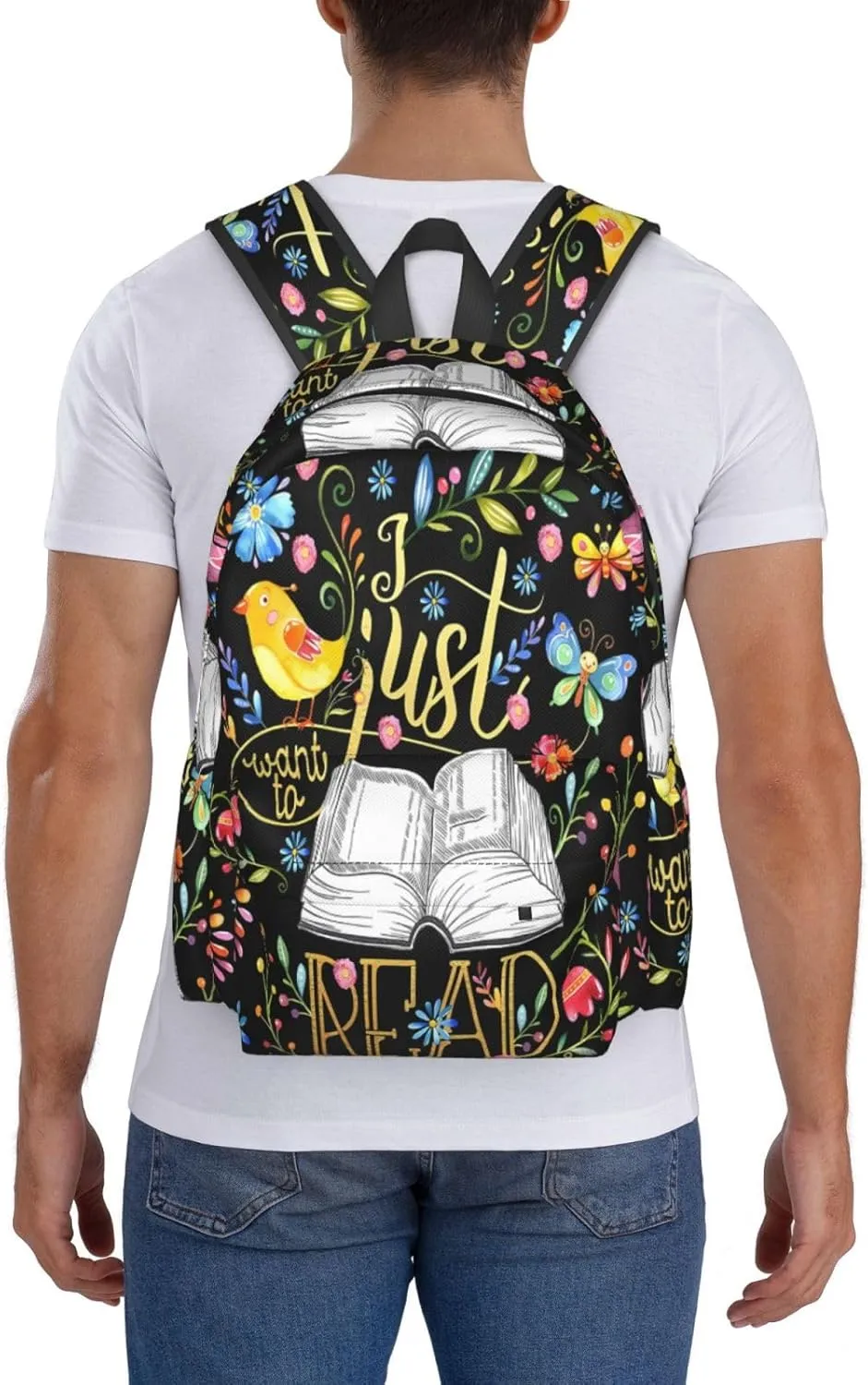 I Just Want To Read Black Floral Laptop Backpack Shoulder Bag Laptop Pack Travel Backpacks Commuter Back Pack Casual Daypack Bags With Side Pockets