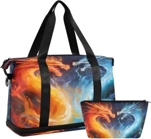 Ice Fire Dragon2 Sports Gym Bag with Waterproof Dry Wet Pocket, Travel Duffel Bag for Women MenWorkout Bag Fits Yoga, Swimming