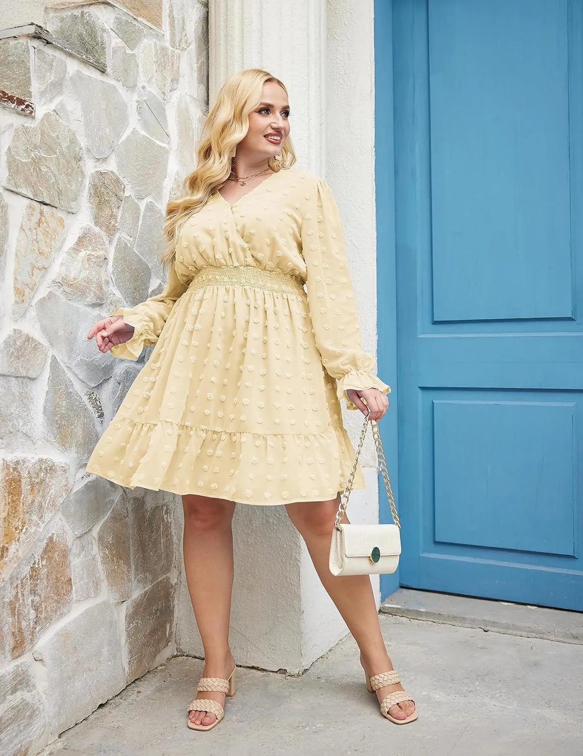 IN'VOLAND Women's Plus Size Swiss Dot Dress Long Sleeve V Neck Chiffon Smocked Short Dress Flowy Ruffle Babydoll Midi Dresses
