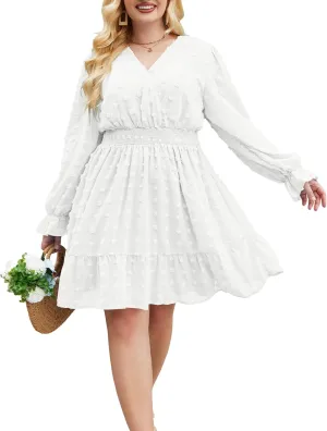 IN'VOLAND Women's Plus Size Swiss Dot Dress Long Sleeve V Neck Chiffon Smocked Short Dress Flowy Ruffle Babydoll Midi Dresses