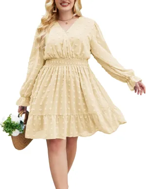 IN'VOLAND Women's Plus Size Swiss Dot Dress Long Sleeve V Neck Chiffon Smocked Short Dress Flowy Ruffle Babydoll Midi Dresses