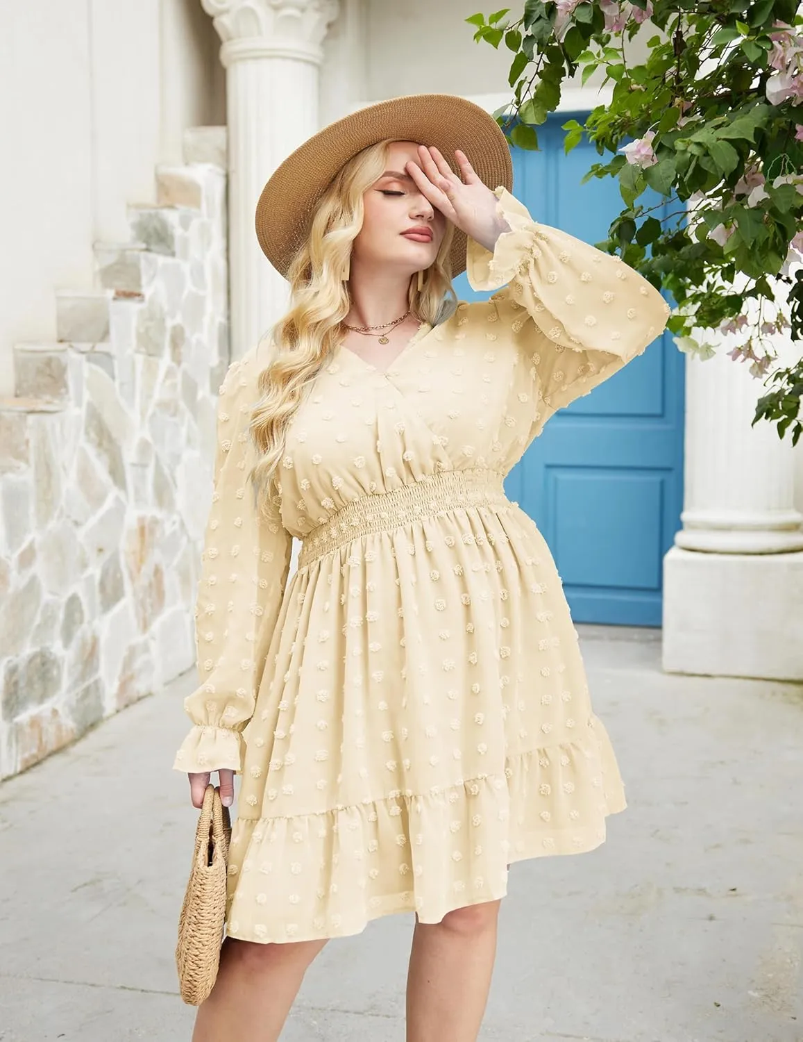 IN'VOLAND Women's Plus Size Swiss Dot Dress Long Sleeve V Neck Chiffon Smocked Short Dress Flowy Ruffle Babydoll Midi Dresses