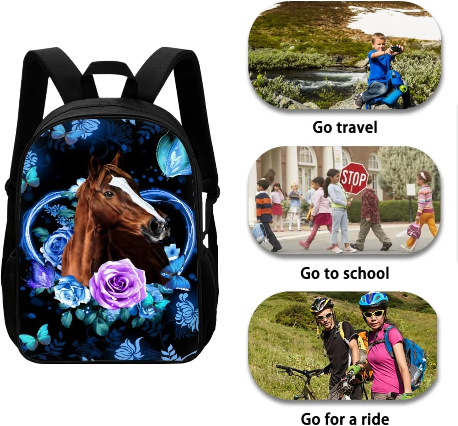 JEOCODY Horse Backpack with Lunchbox School Backpack Set for Teens Girls Boys Kids School Bags Bookbag with Lunch Bag Pencil Pouch Back to School Gifts Set of 3