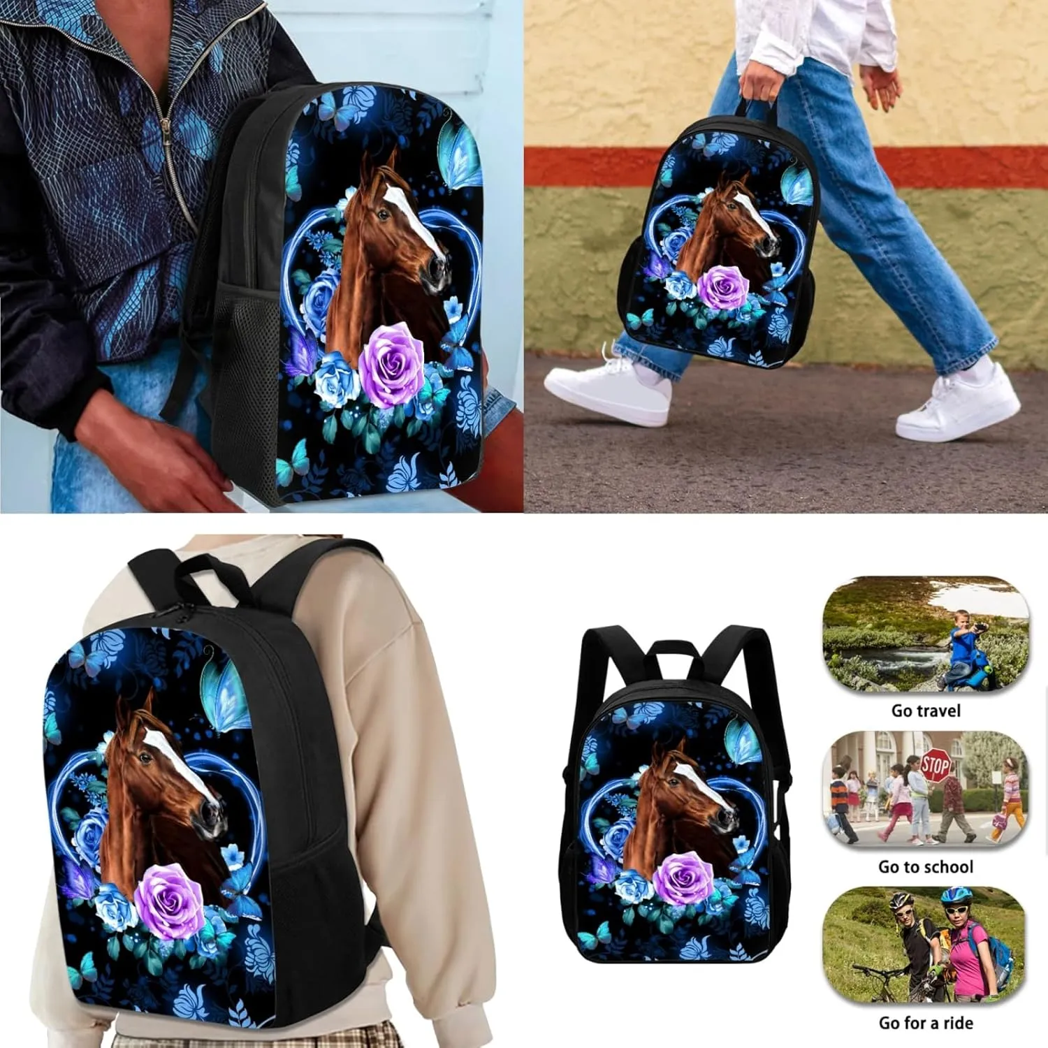 JEOCODY Horse Backpack with Lunchbox School Backpack Set for Teens Girls Boys Kids School Bags Bookbag with Lunch Bag Pencil Pouch Back to School Gifts Set of 3