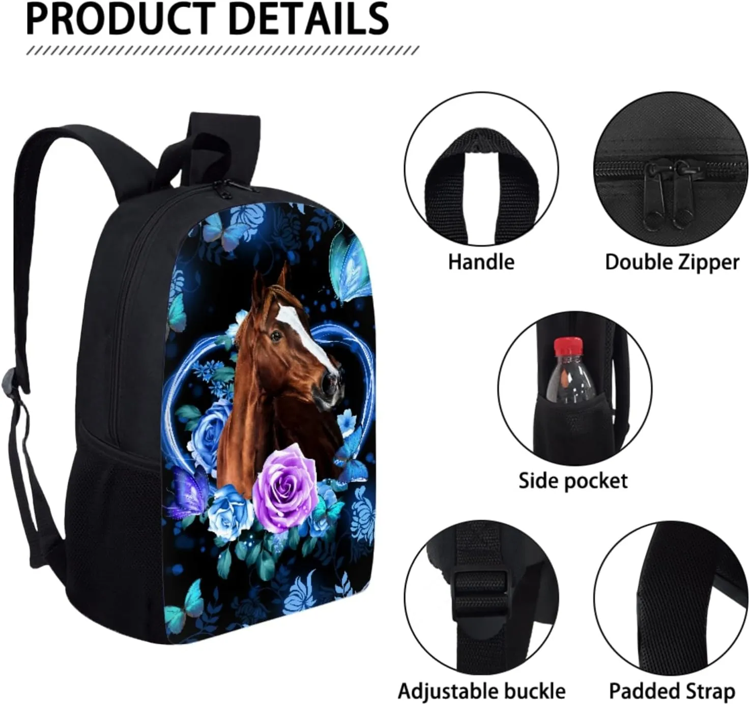 JEOCODY Horse Backpack with Lunchbox School Backpack Set for Teens Girls Boys Kids School Bags Bookbag with Lunch Bag Pencil Pouch Back to School Gifts Set of 3