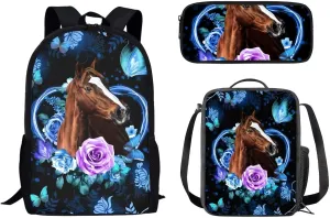 JEOCODY Horse Backpack with Lunchbox School Backpack Set for Teens Girls Boys Kids School Bags Bookbag with Lunch Bag Pencil Pouch Back to School Gifts Set of 3