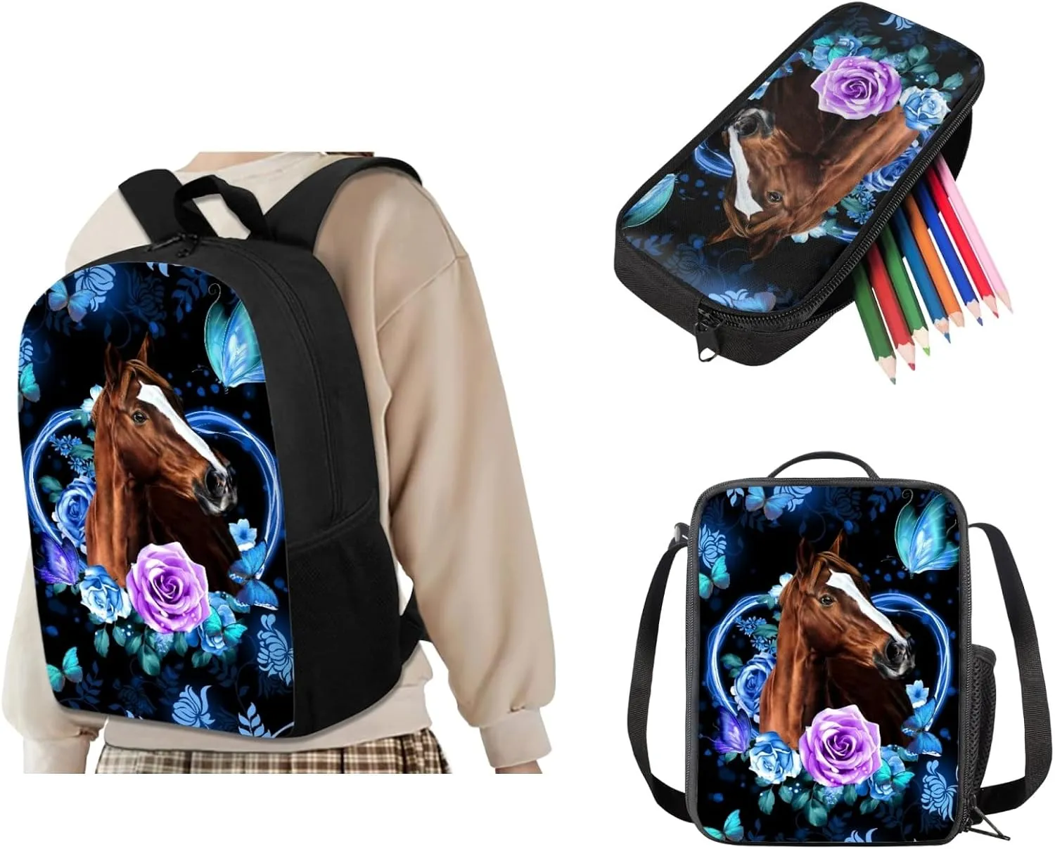 JEOCODY Horse Backpack with Lunchbox School Backpack Set for Teens Girls Boys Kids School Bags Bookbag with Lunch Bag Pencil Pouch Back to School Gifts Set of 3