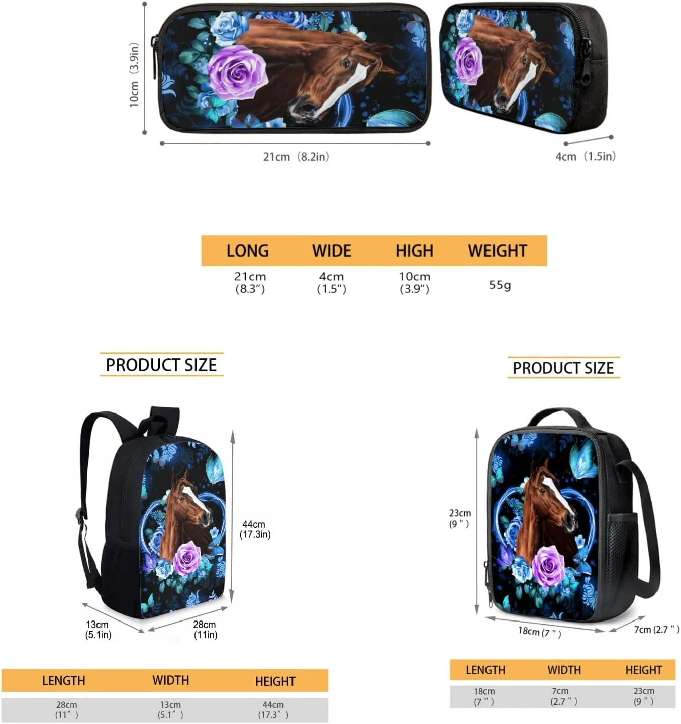 JEOCODY Horse Backpack with Lunchbox School Backpack Set for Teens Girls Boys Kids School Bags Bookbag with Lunch Bag Pencil Pouch Back to School Gifts Set of 3