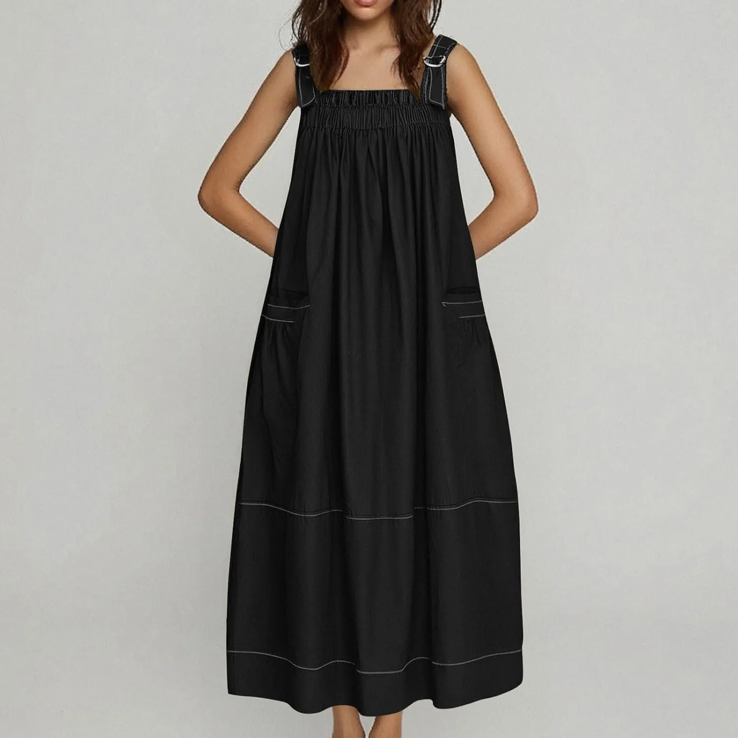 JOAU Bib Overall Dress for Women Summer Sleeveless Adjustable Strap Dresses A-Line Pleated Tiered Beach Pocket Maxi Dress