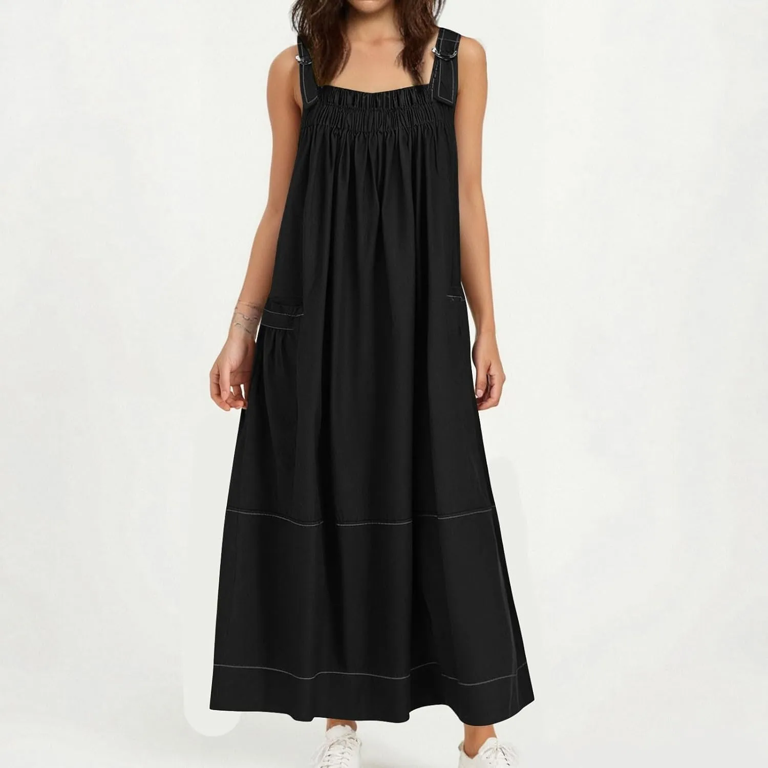 JOAU Bib Overall Dress for Women Summer Sleeveless Adjustable Strap Dresses A-Line Pleated Tiered Beach Pocket Maxi Dress