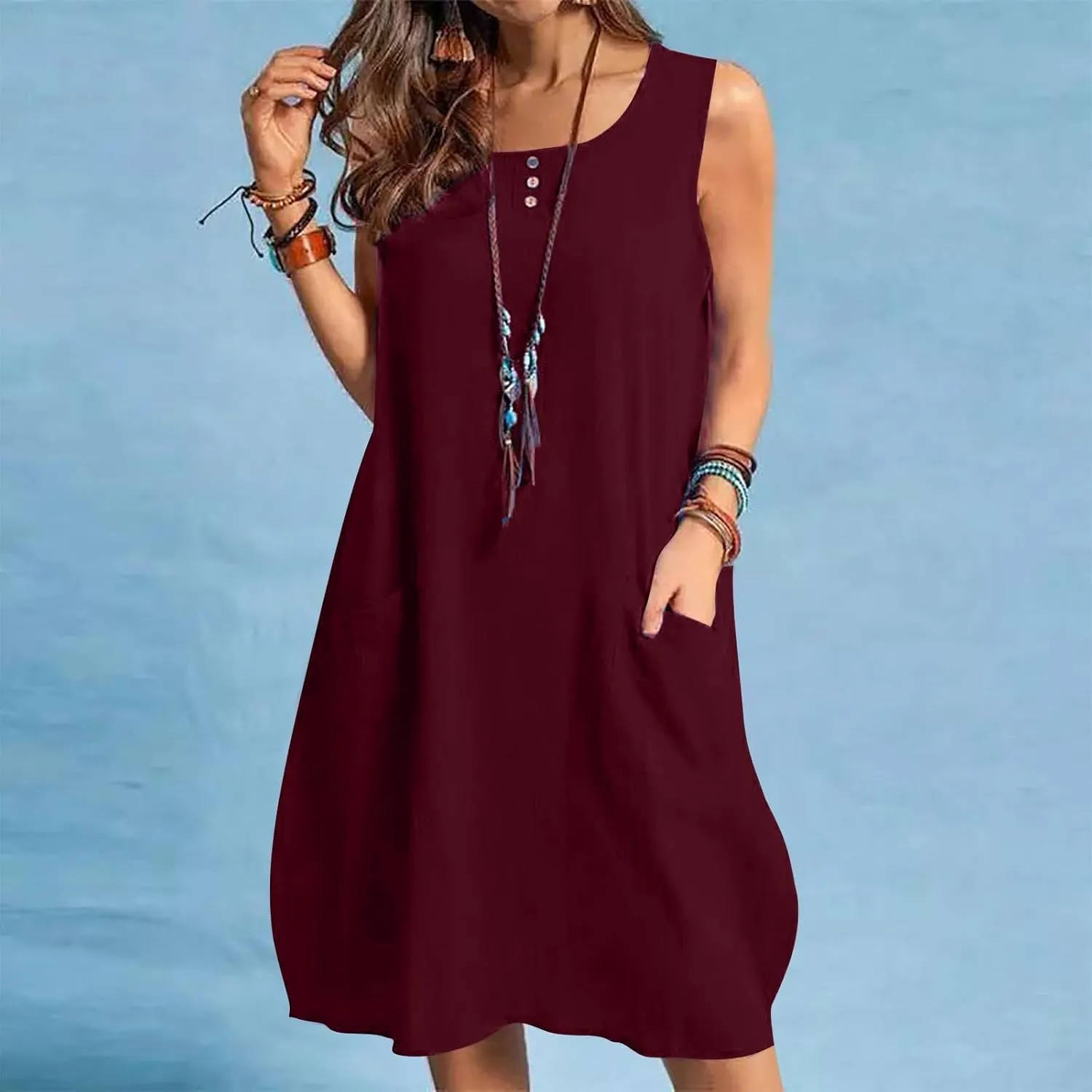 JOAU Cotton Linen Sundresses for Women Summer Casual Loose Sleeveless Tank Dress Crewneck A-Line Beach Dresses with Pockets