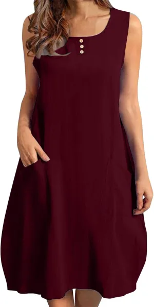 JOAU Cotton Linen Sundresses for Women Summer Casual Loose Sleeveless Tank Dress Crewneck A-Line Beach Dresses with Pockets