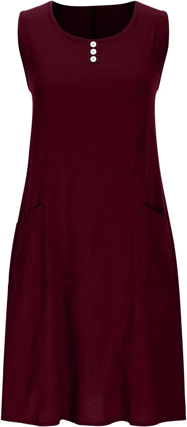 JOAU Cotton Linen Sundresses for Women Summer Casual Loose Sleeveless Tank Dress Crewneck A-Line Beach Dresses with Pockets