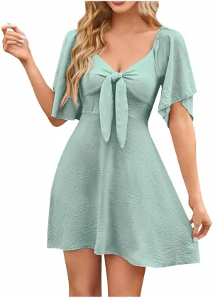 JOAU Women's Twist Front Bowknot Ruffle Short Sleeve Summer Dress Casual Bow Tie V Neck Elegant Tunic Mini Dresses