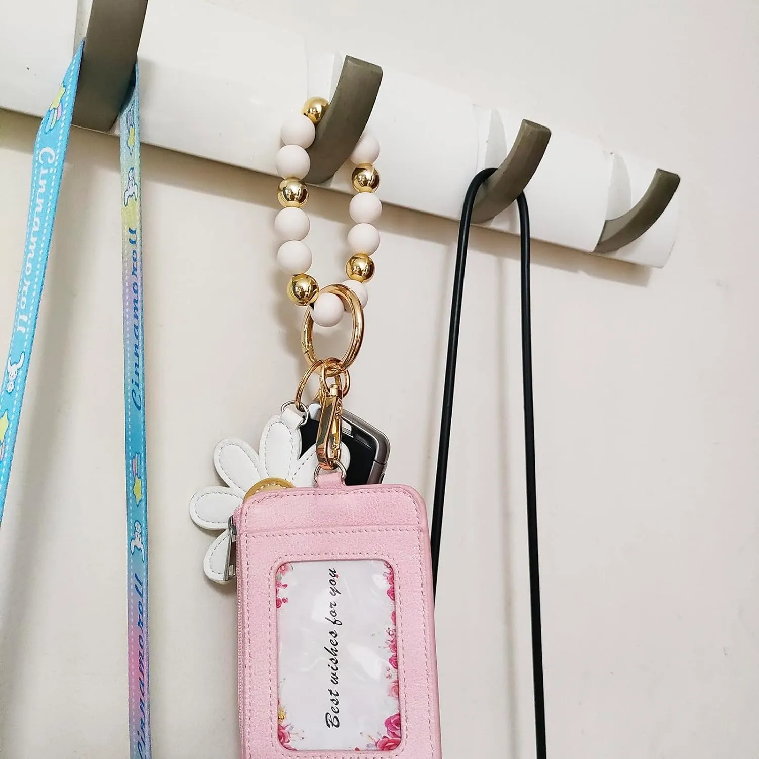 Junyuerly Wristlet Keychain Silicone Beaded Key Ring Bracelet for Women Elastic Bangle Key Chain Holder