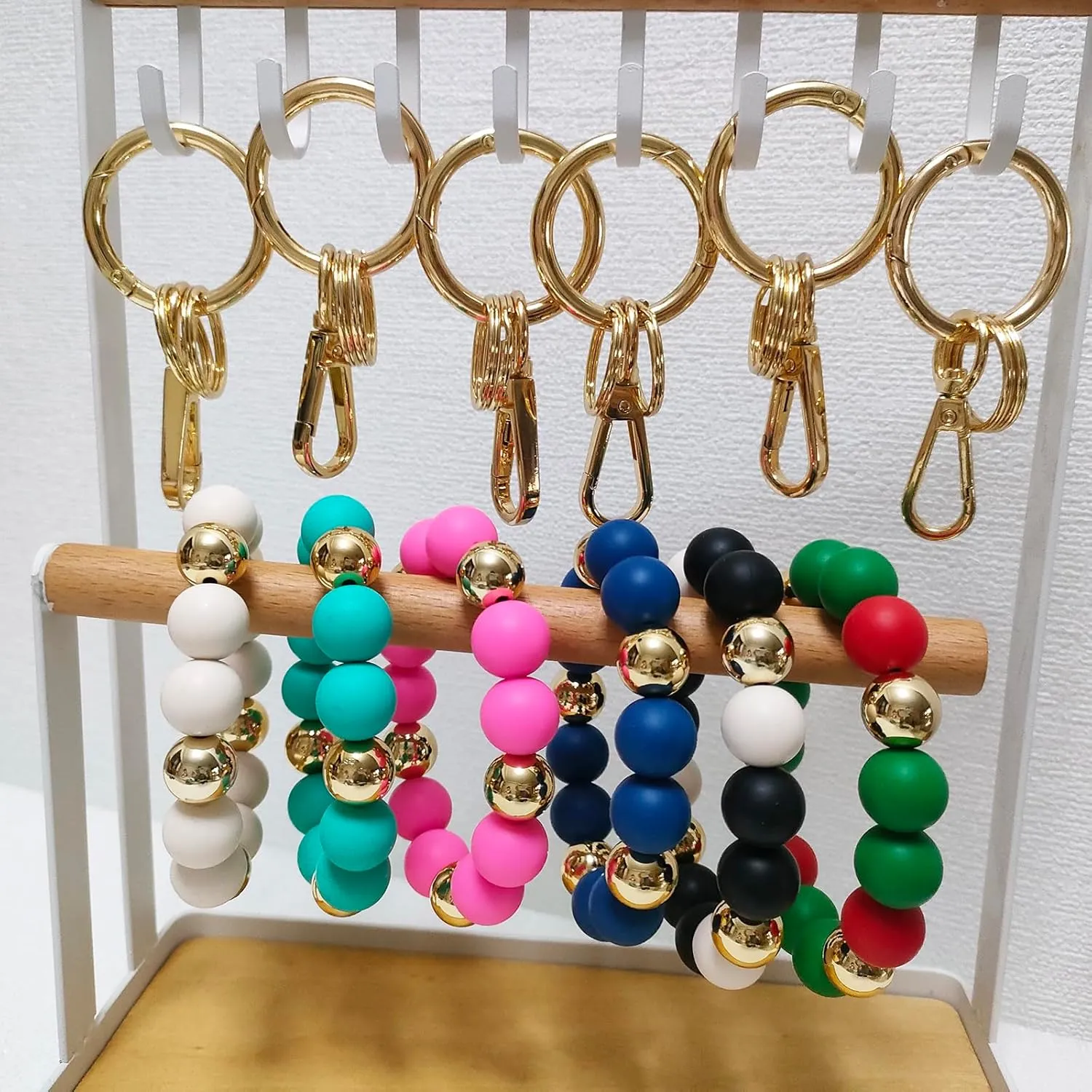 Junyuerly Wristlet Keychain Silicone Beaded Key Ring Bracelet for Women Elastic Bangle Key Chain Holder