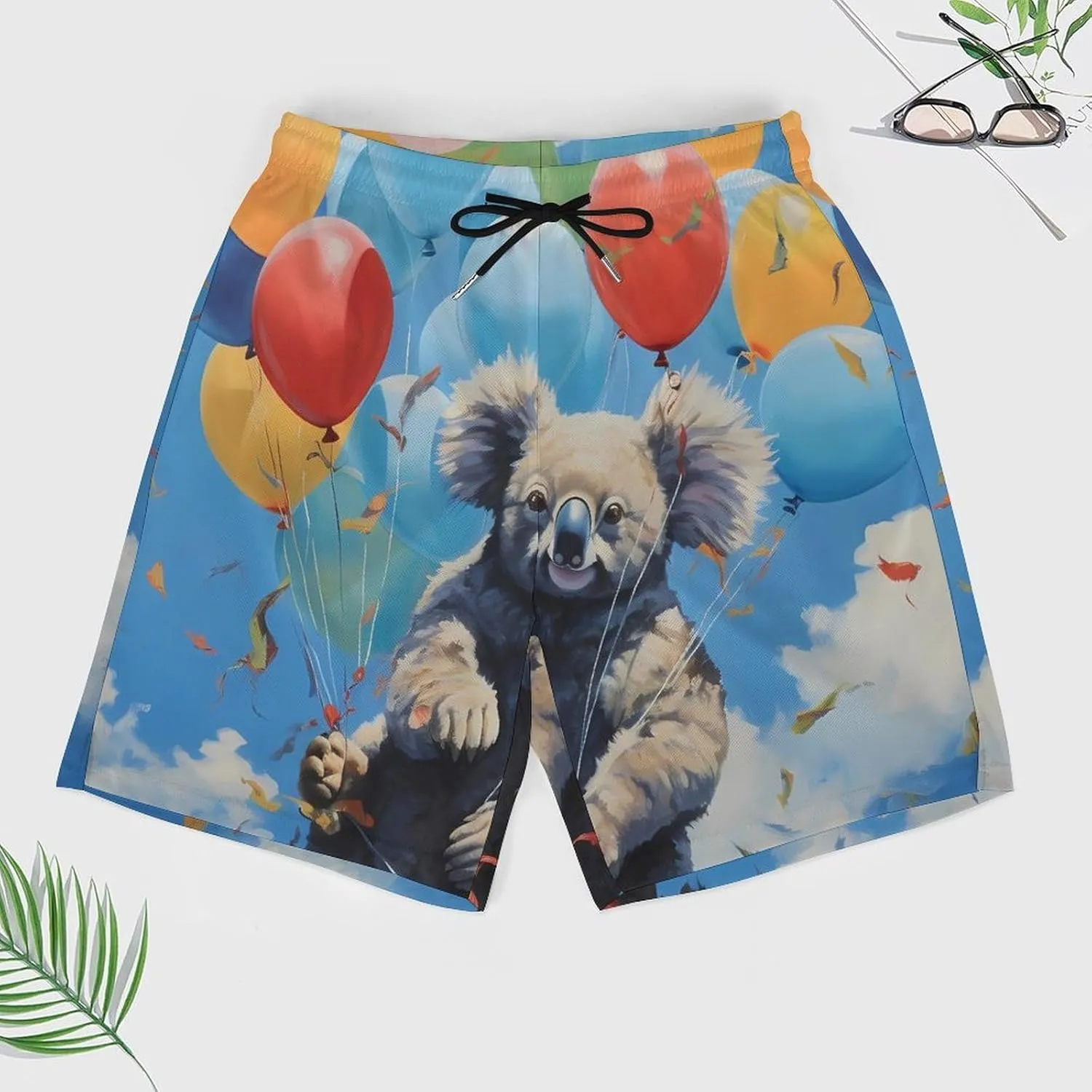 Koalas Balloons in Sky Men's Swim Trunks with Compression Liner Beach Swimming Shorts with Drawstring and Pockets