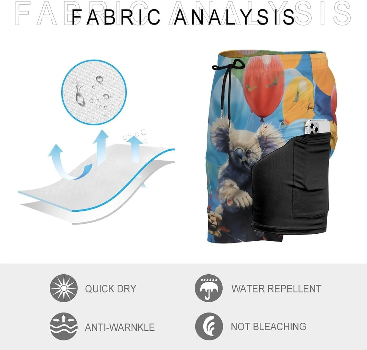 Koalas Balloons in Sky Men's Swim Trunks with Compression Liner Beach Swimming Shorts with Drawstring and Pockets