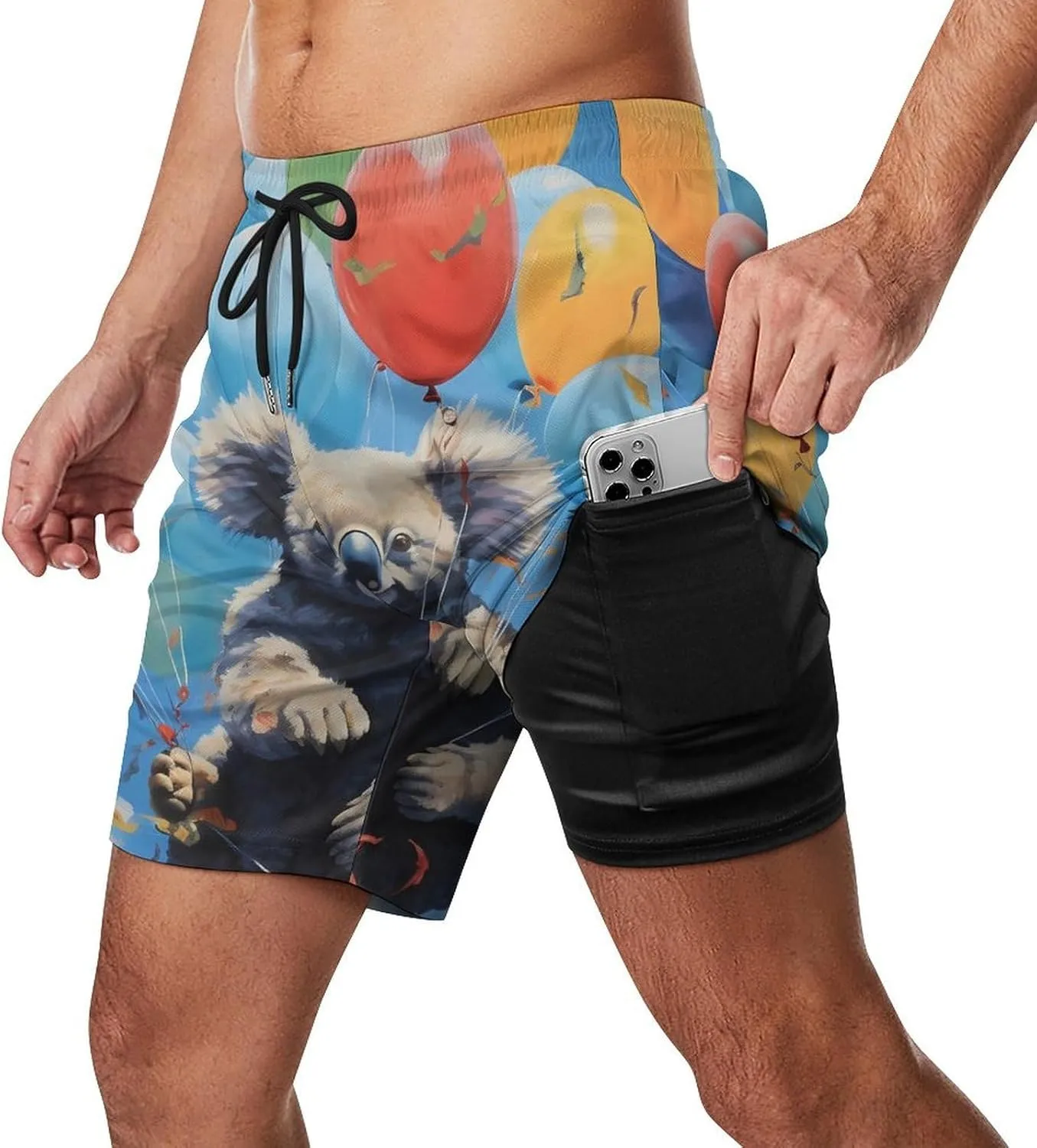 Koalas Balloons in Sky Men's Swim Trunks with Compression Liner Beach Swimming Shorts with Drawstring and Pockets