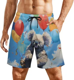 Koalas Balloons in Sky Men's Swim Trunks with Compression Liner Beach Swimming Shorts with Drawstring and Pockets